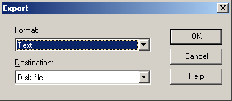 The Crystal Reports export dialog with Format set to Text and Destination set to Disk File