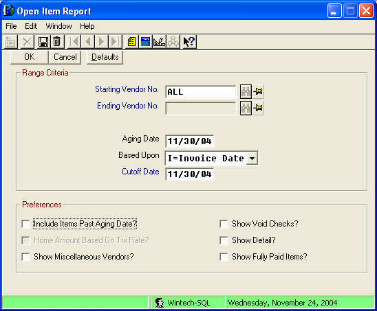 The A/P Open Item Report selection screen in Macola® Progression