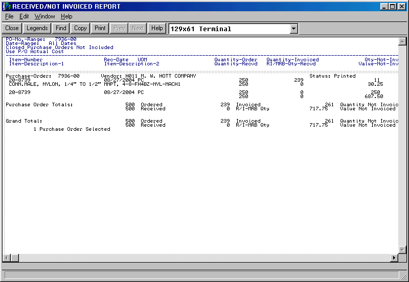 A Macola® purchase order line item screen showing quantity, cost and account fields