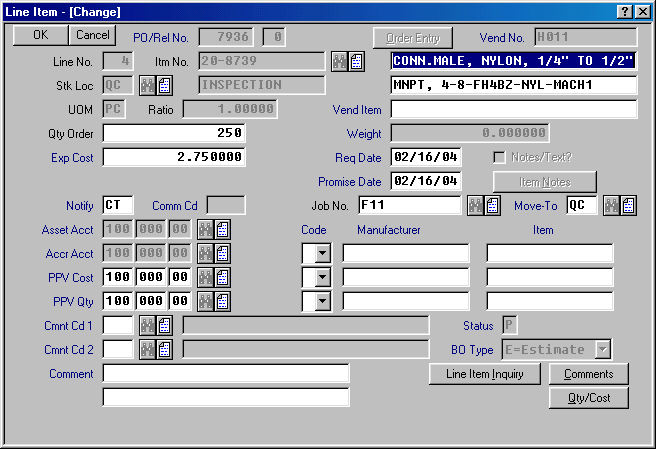 The Line Item change screen of a Macola® Progression purchase order