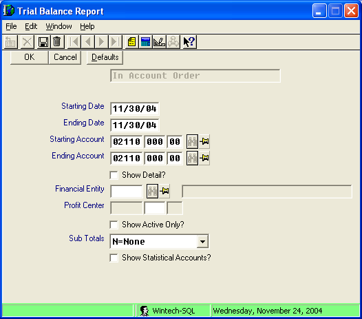 The G/L Trial Balance selection screen in Macola® Progression
