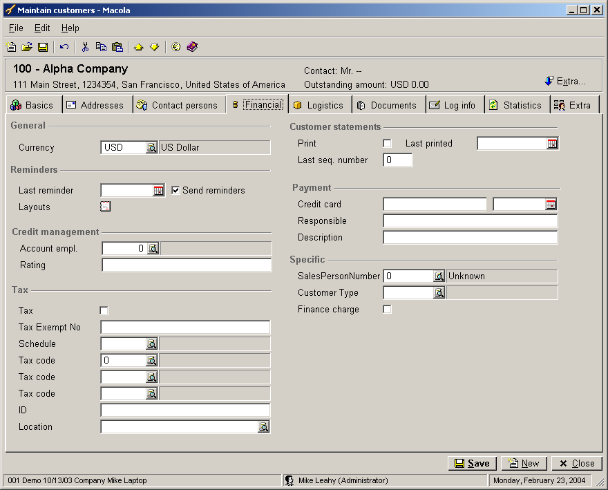 The Financial tab of Maintain customers in Macola® ES, with the Currency field on the General panel