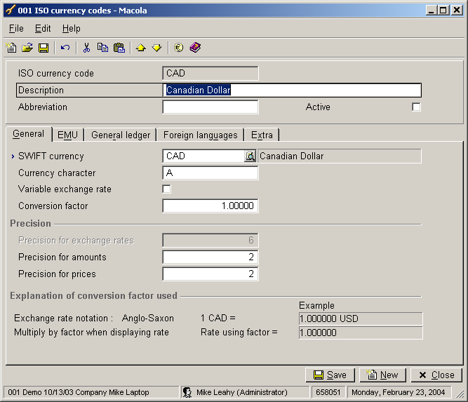 The ISO currency codes screen in Macola® ES, showing the currency code and the conversion factor
