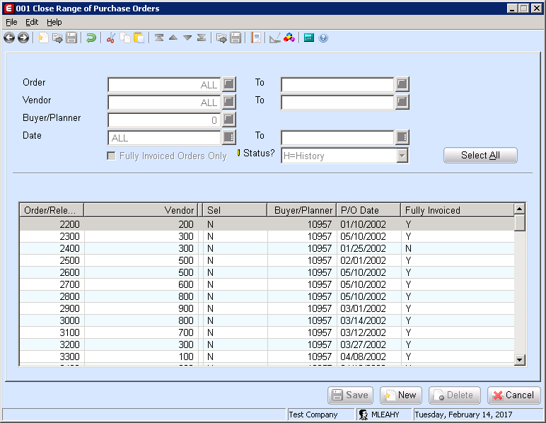 The Close Range of Purchase Orders screen in Macola® ES