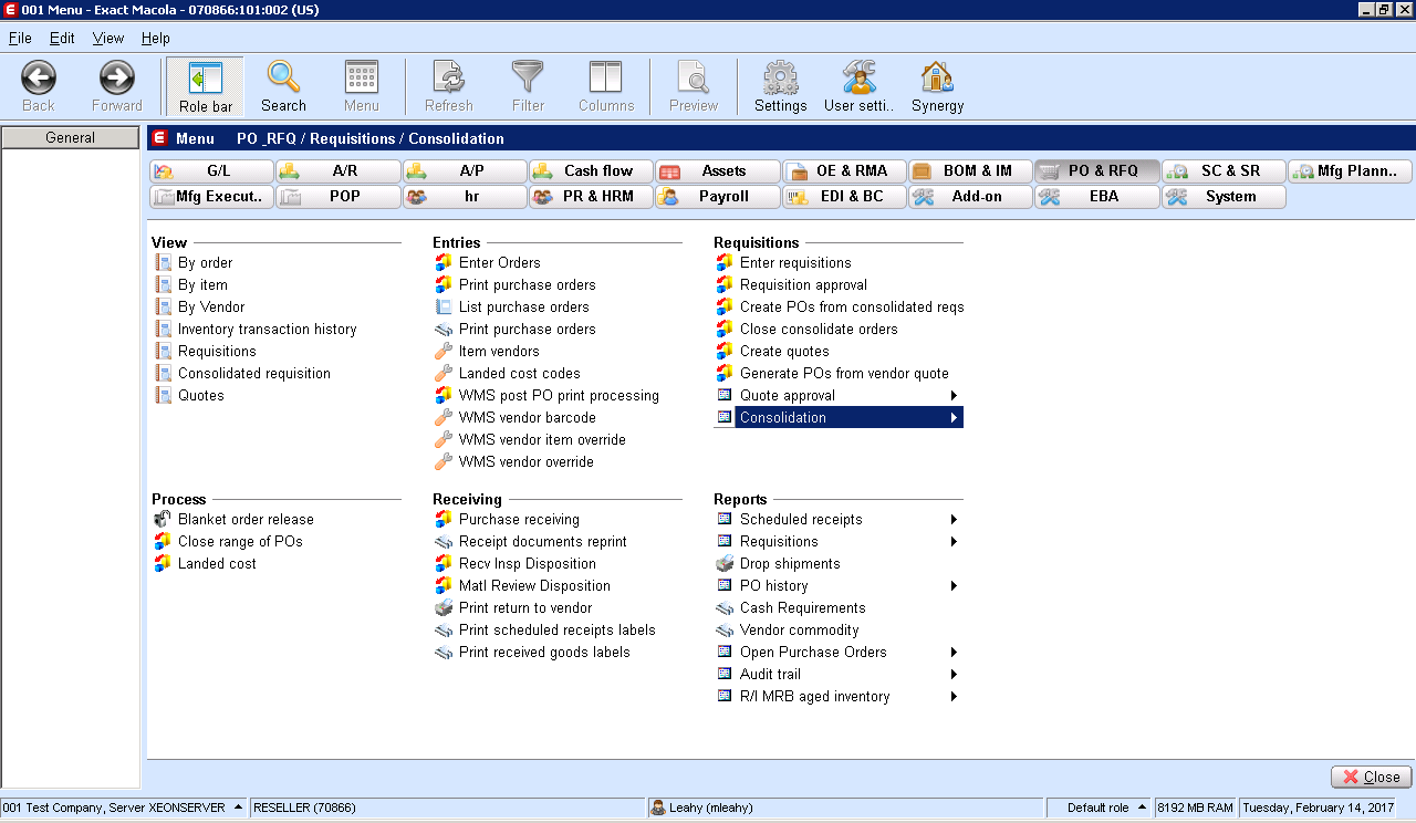 The PO & RFQ menu in Macola® ES, with Close range of POs under Process
