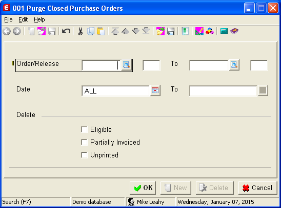 The Purge Closed Purchase Orders screen in Macola® ES