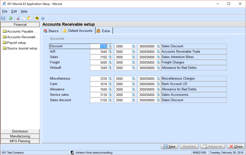 The Default Accounts tab of Accounts Receivable Setup in Macola® 10