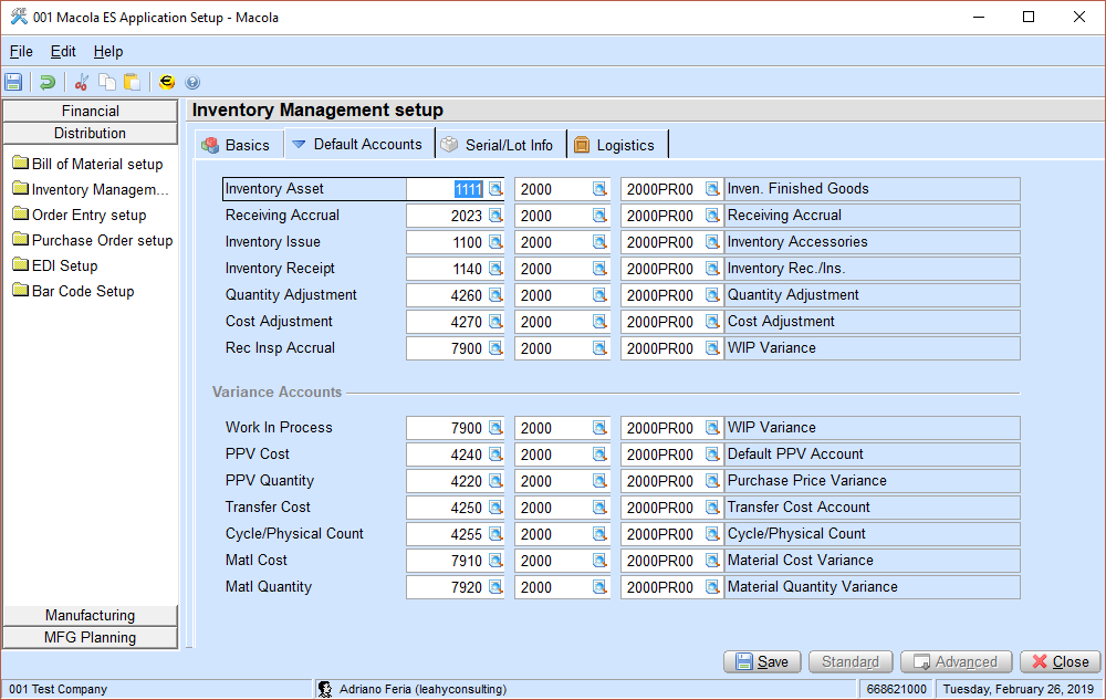 The Default Accounts tab of Inventory Management Setup in Macola® 10