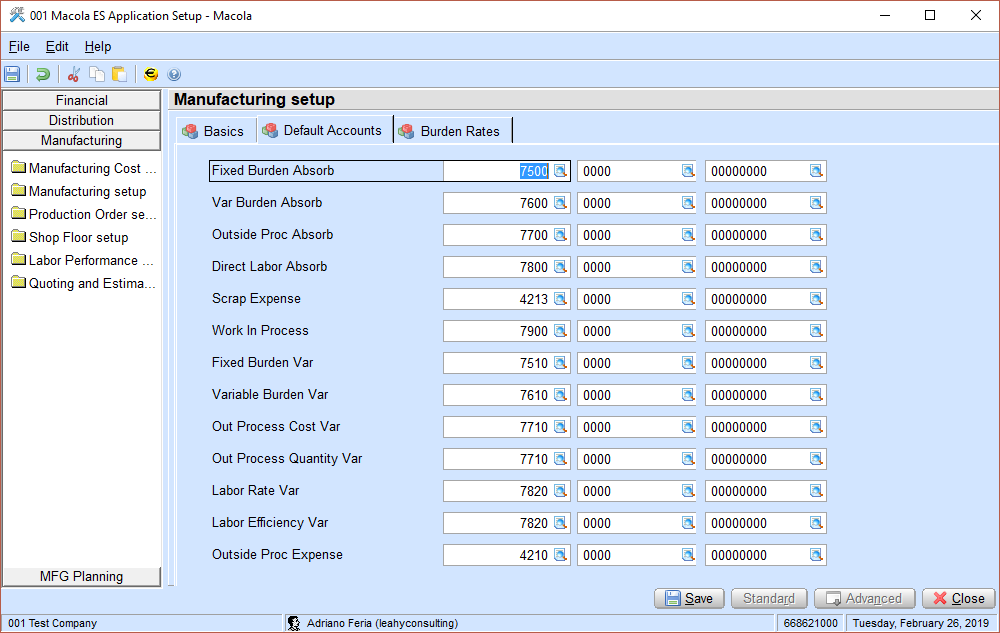 The Manufacturing Setup screen in Macola® 10, showing the shop order accounts