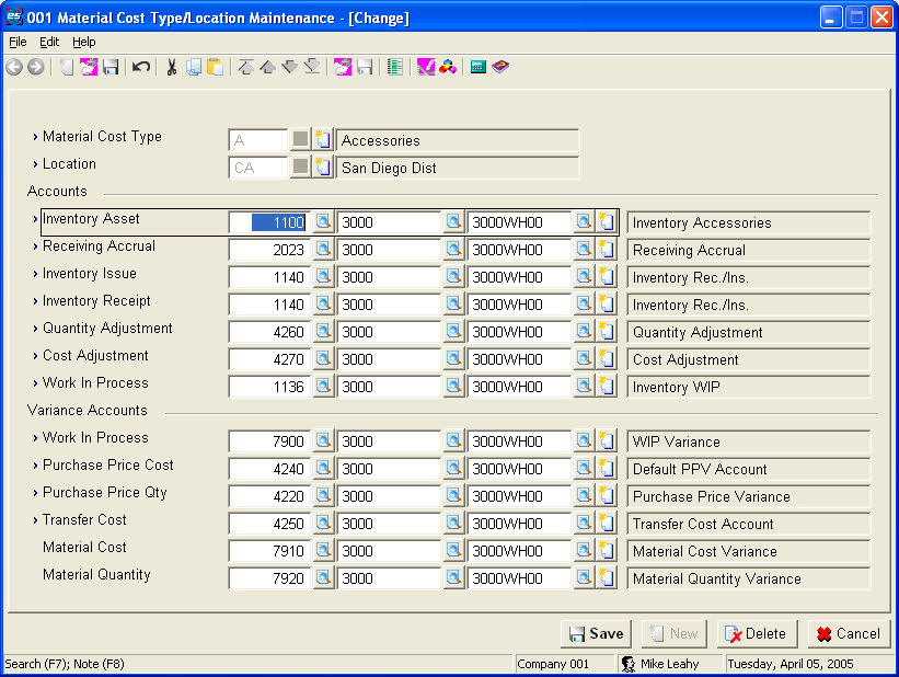 Material Cost Type/Location Maintenance in Macola® ES, showing the account fields and the variance accounts