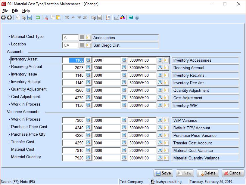 Material Cost Type/Location Maintenance in Macola® 10, showing the material cost type and location keys and the fourteen account fields