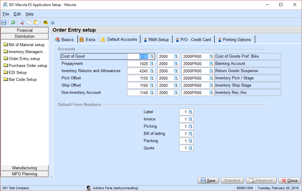 The Default Accounts tab of Order Entry Setup in Macola® 10