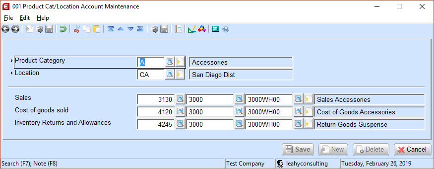 Product Cat/Location Account Maintenance in Macola® 10, showing the sales, cost of goods sold and returns accounts