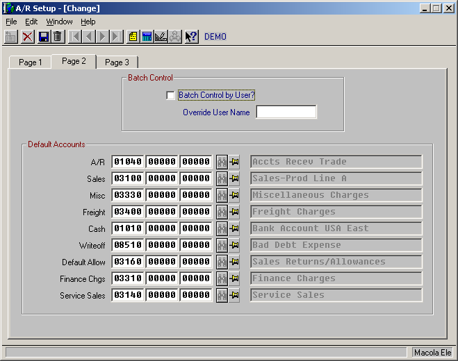 Page 3 of A/R Setup in Macola® Progression, showing the default accounts