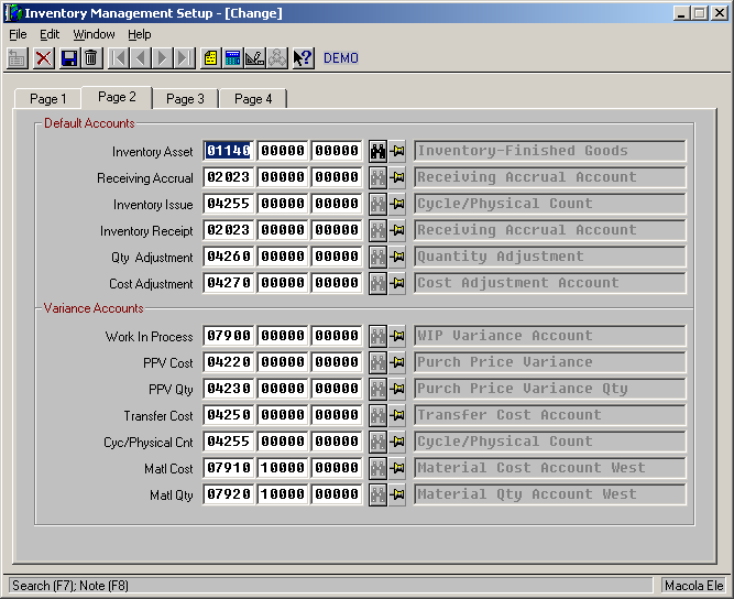 Page 2 of I/M Setup in Macola® Progression, showing the default accounts