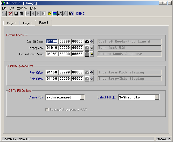 Page 3 of O/E Setup in Macola® Progression, showing the default accounts