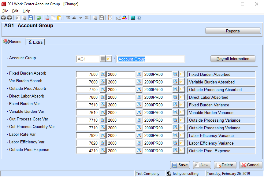 Work Center Account Group maintenance in Macola® 10, listing the absorption and variance accounts