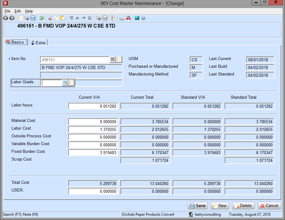 The Cost Master Maintenance screen in Macola® 10, showing the item identification block and the four cost columns