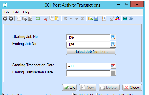 The Manufacturing Cost Accounting Post Transactions screen in Macola® 10