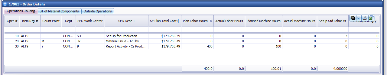 The Pulse Dashboard Shop Order Detailed View showing planned against actual costs