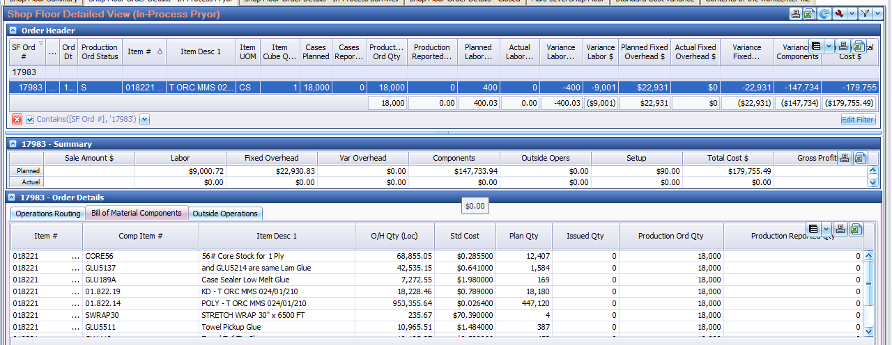 The Pulse Dashboard Shop Order Detailed View showing planned against actual hours