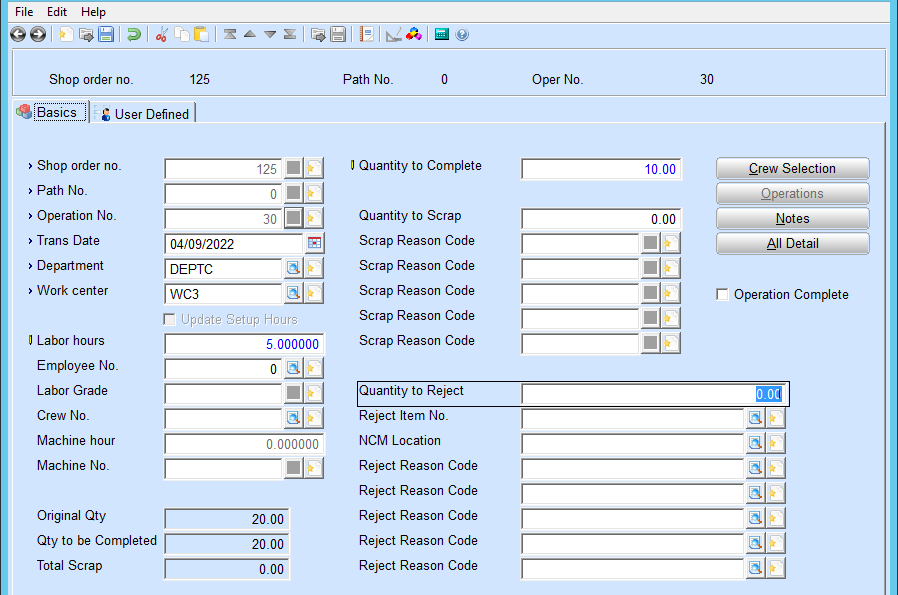 The Shop Floor Activity Transactions screen in Macola® 10