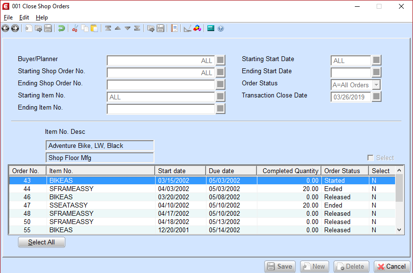 The Close Orders screen in Macola® 10, listing open shop orders with a Select column