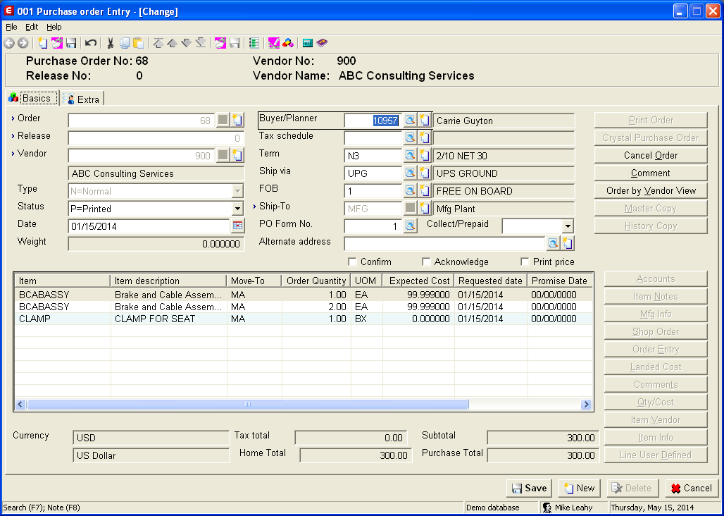 Purchase Order Entry in Macola® ES, showing the header Date field and the Requested date and Promise Date columns on the line grid