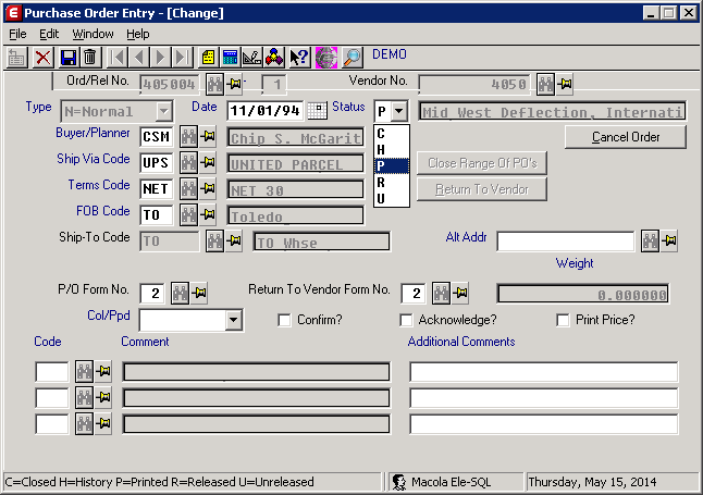 Purchase Order Entry in Macola® Progression, showing the header Date field and the status code legend