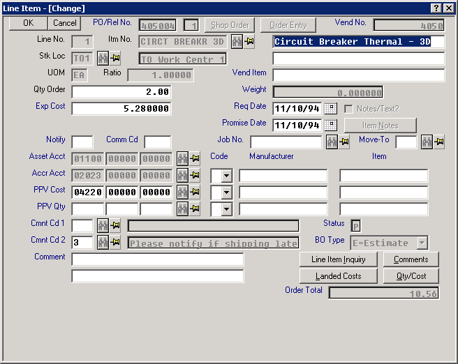 The Line Item screen of a Macola® Progression purchase order, showing Req Date and Promise Date