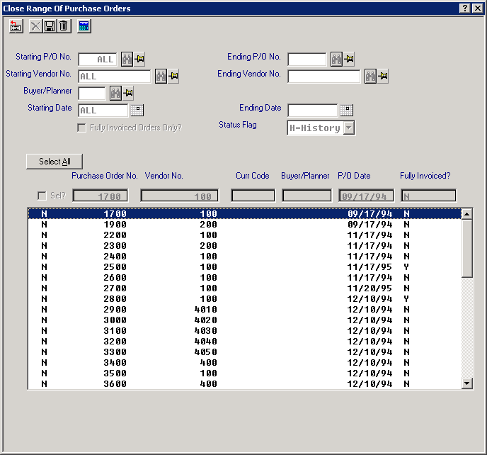 The Close Range Of Purchase Orders screen in Macola® Progression