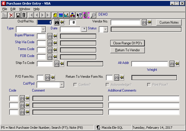 The Purchase Order Entry screen in Macola® Progression, with the Close Range Of PO's button