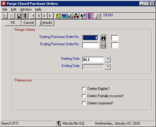 The Purge Closed Purchase Orders screen in Macola® Progression
