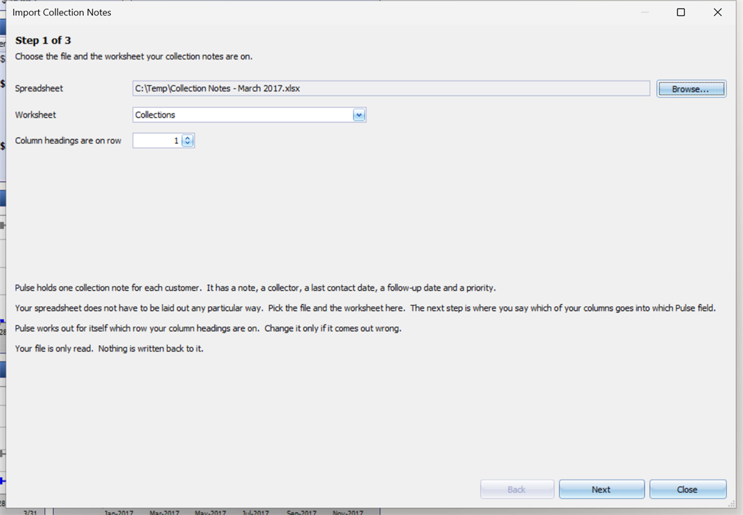 Step 1 of the import: the spreadsheet path, the worksheet picked from the workbook, and the heading row