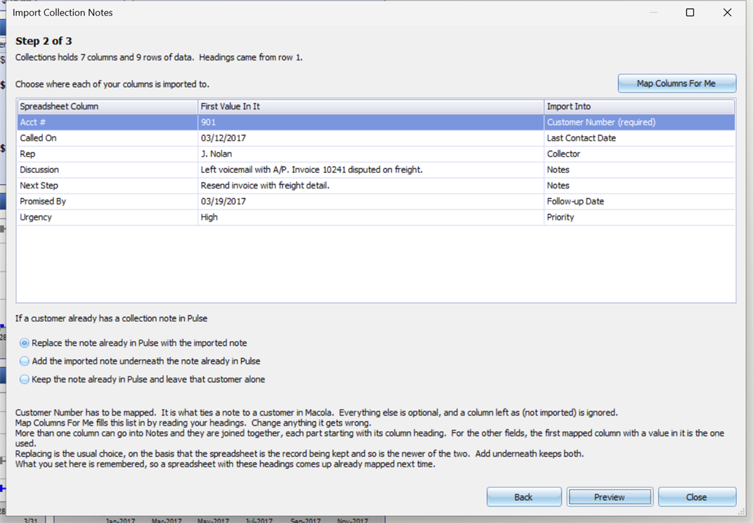 Step 2 of the import: each spreadsheet column listed with its first value and the PULSE Dashboard field it is imported into