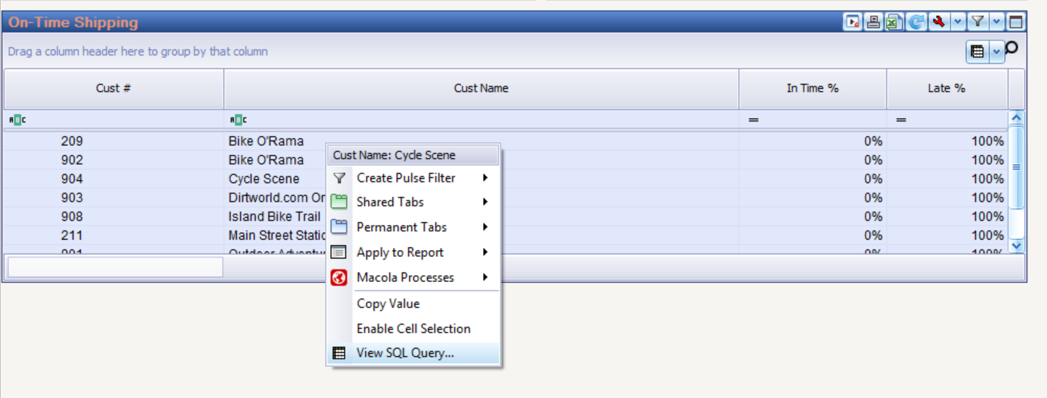 The right-click menu on a report grid, with View SQL Query at the foot of the list below Copy Value and Enable Cell Selection