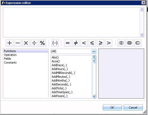 The Pulse Dashboard expression editor, with the expression area, operator buttons and category lists