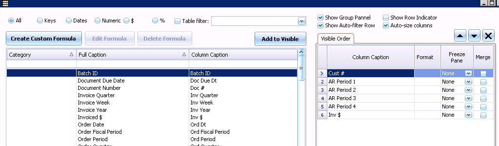 The Column Chooser, with available data fields on the left and selected columns on the right