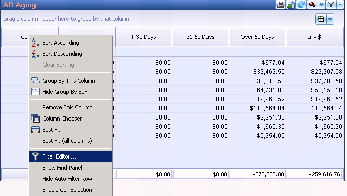 The right-click menu on a report column header