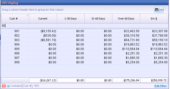An A/R Aging report filtered by typing in the filter row, with the filter bar along the bottom