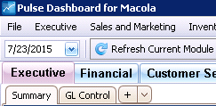 Module tabs above a row of report tabs ending in a plus button