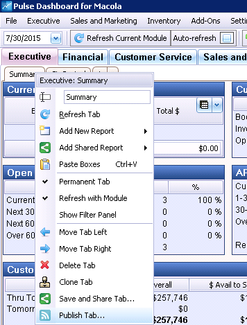 The right-click menu on a Pulse Dashboard tab header