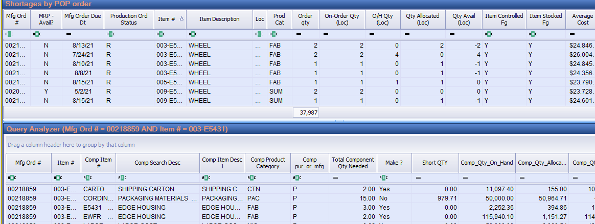 A component shortage report with the order in the top panel and the bill of material below