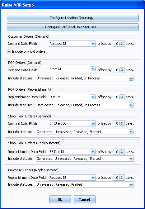 The Pulse MRP Setup dialog, with a date field, offset and order statuses for each order type
