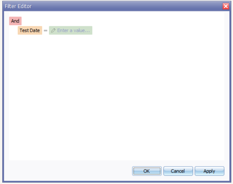 The Filter Editor with one condition: Test Date equals, awaiting a value