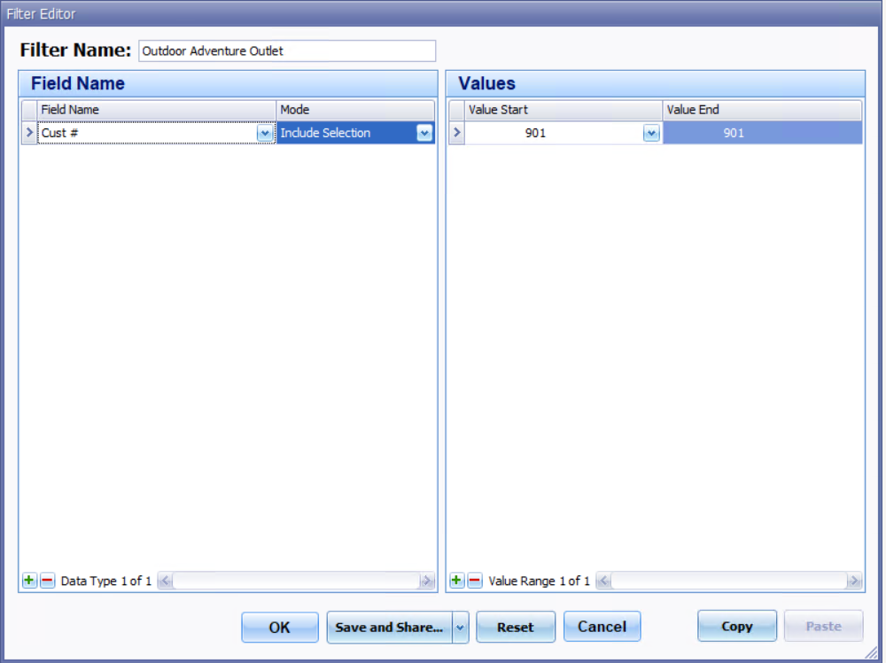 The Filter Editor with a named filter on customer number and a start and end value