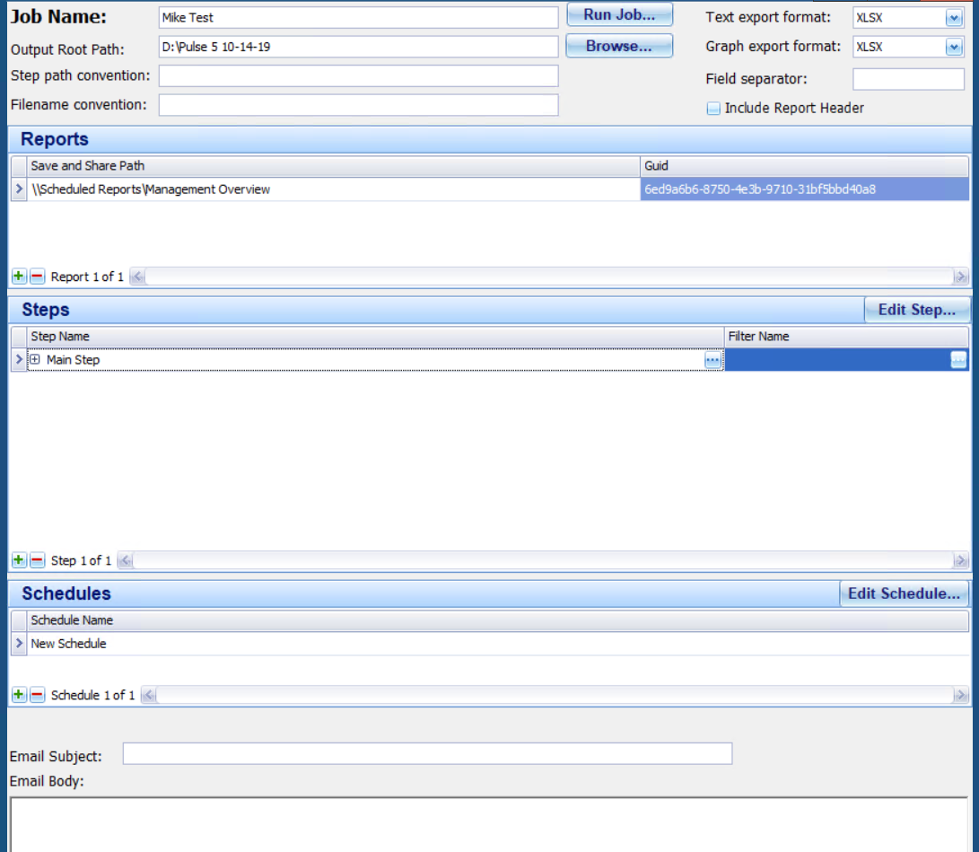 The Scheduler job definition screen, with output paths, export formats, reports, steps and schedules