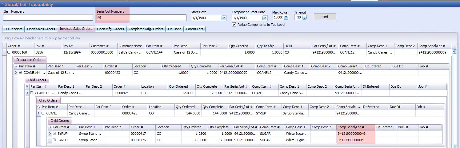 The Serial/Lot Traceability screen in Pulse Dashboard