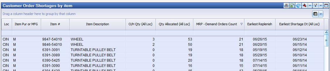 Customer Order Shortages by item, showing on-hand and allocated quantities with the earliest shortage date