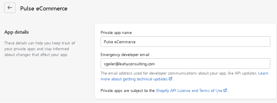 The Pulse eCommerce private app in Shopify